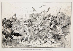 Clive leder stormfesten i Devikota, en illustration från "With Clive in India, or the Beginnings of an Empire" av G.A. Henty, pub. London, 1884 av Gordon Frederick Browne
