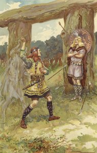Hodur tog misteln från Loke, och Loke styrde hans arm, och han kastade den mot Baldur, och med ett skarpt rop föll Baldur död (chromolitho)
