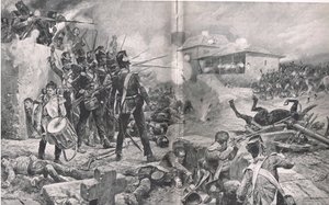 Hur 57:e regementet fick smeknamnet "The Die Hards" i slaget vid Albuera den 16 maj 1811, illustration från "British Battles on Land and Sea", utgiven av Cassell, London, omkring 1910. av Gordon Frederick Browne