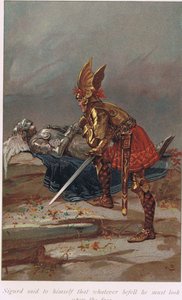 Sigurd sade till sig själv att vad som än hände, måste han se på ansiktet, illustration från "The Book of Sagas" av Alice S. Hoffman, publicerad 1926. av Gordon Frederick Browne