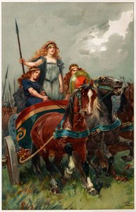 "Boadicea ledde dem till angrepp med spjutet i handen", illustration från "Heroes und Heroines of English History" av Alice S. Hoffman.