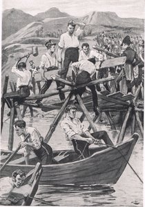 The Construction of the Bridge over Guadiana, 3 april 1811, illustration från 