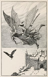 Reskamraten flög bakom henne, från Fairy Tales from Hans Anderson, pub 1919 (gravyr) av Gordon Frederick Browne