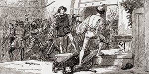 Tybalt dödad av Romeo, scen från William Shakespeares Romeo och Julia, akt III, scen 1, från The Works of William Shakespeare, publicerad 1896.