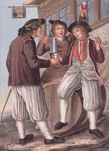 De tre Bacchus, bönder i dräkt i staden Morat, Schweiz (litografi) av Gottfried (after) Locher