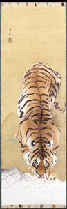 Tiger (bläck, färg & guld på siden) av Goun Nishimura