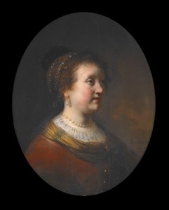 Kvinna i röd klänning och pärlor av Govaert Flinck