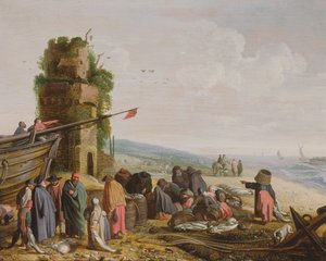 Fiskare på stranden med sin fångst (par med 59984) av Govaert Jansz