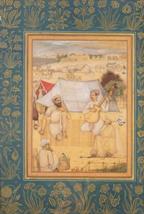 Musiker och sångare knäböjer i utkanten av ett Mughal Camp. En yogi och en tjänare Lyssna på dem, från Minto-albumet, ca 1630