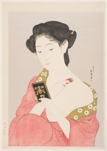 A Woman in Nagajuban Powdering her Neck (colour woodblock print on silver mica ground)
