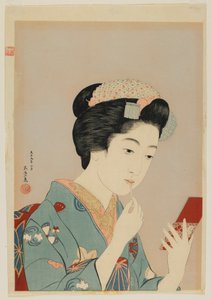 Woman Applying Lip Rouge, Taisho-eran, februari 1920 (trätryck i färg)