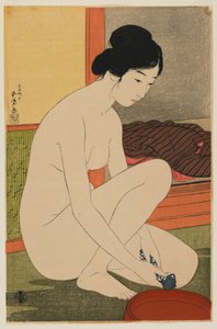 Kvinna som badar, Taisho-eran, oktober 1915 (träblock i färg)