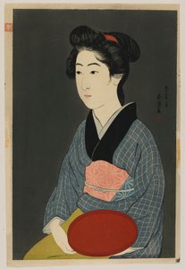 Kvinna som håller en bricka, Taisho-eran, januari 1920 (trätryck i färg)