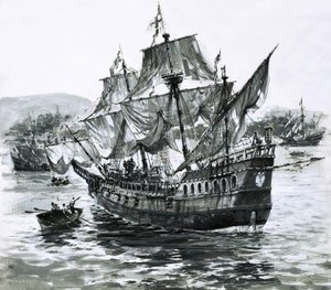Drakes skepp, Golden Hind, haltar tillbaka till Portsmouth med enorma rikedomar i bagaget