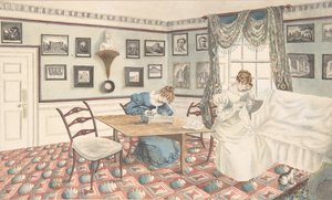 Två unga kvinnor som skriver och syr i en interiör i Hatton, Warwickshire, 1820-30. av Granddaughters of Dr. Samuel Parr.