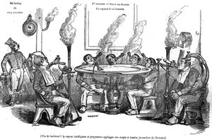Tecknad film av Grandville föreställande en korpral och hans män i Salle des Barbes som sitter med en ångmaskin och rakar dem utan hjälp av en frisör. I "" Den pittoreska butiken"" 1835 av Grandville