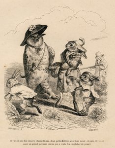 Två små harar med sin storasyster stannade av en uggla på en åker. En jakträv står bakom dem. Miniatyrer illustrerade av JJ Granville. Gravyr signerad Breviere i delen "Berättelsen om en hare" skriven av PJ Stahl i av Grandville