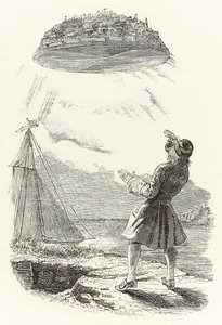 Gulliver ser den flygande ön Laputa för första gången, från "Gullivers resor" av Jonathan Swift av Grandville
