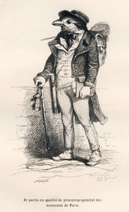 Generaladvokaten för sparvarna i Paris. Illustrerade vinjetter av JJ Granville. Gravyr signerad Caque i delen "Voyage d