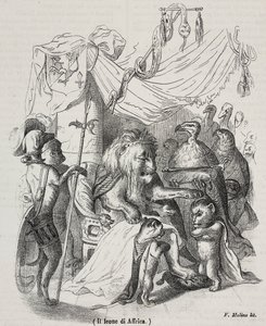 Lion of Africa, karaktären i historien om afrikanska lejon och tre infödda unga lejon, litografi av Filippo Molino (1804-1856) efter teckning av Jean-Jacques Grandville (1803-1847), av Grandville