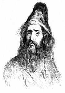 porträtt av Robinson Crusoe efter 11 år på sin öde ö - illustration av Grandville till romanen av Daniel De Foe (Defoe) - edition Garnier 1869 s 138.