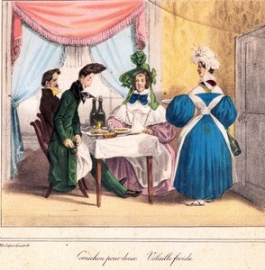 Krögarens levnadskort: Pickle för två, kall kyckling 1831-32 (litografi) av Grandville