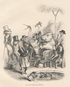 Djur i eleganta kläder går i Tuilerierna. Vinjetter illustrerade av JJ Granville. Gravyr signerad Andrew, Best och Leloir i delen "History of a hase" skriven av PJ Stahl i "Scener av djurens privata och offentliga liv". Slå vad av Grandville