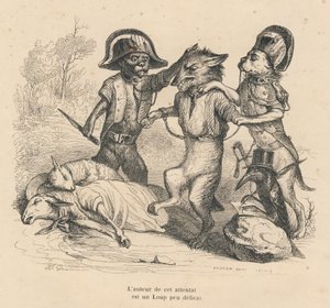 Arrest av en varg som just har dödat två får. Vignetter illustrerade av JJ Granville. Gravyr signerad Andrew, Best och Leloir i delen "Cour criminelle de justice animale" skriven av Emile de La Bedolliere i "Scenes de la vie privee et p av Grandville