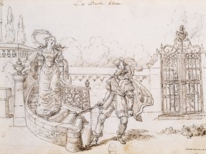 Blåskägg, illustration till saga av Charles Perrault (1628-1703), gravyr av Grandville (1803-1847) av Grandville