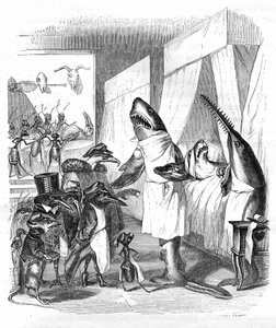 Tecknad film: Fiskarna - läkare: Grandville gravyr, ur boken "Djurens privata och offentliga liv (Les animaux ints par eux memes)", Hetzel edition 1867 s. 551 - En haj och en sågfisk (Fish saw) vid en sjuk människas säng.