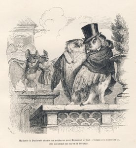 Fladdermus som lyssnar på en uggla och en uggla som sjunger. Illustrerade vinjetter av JJ Granville. Gravyr signerad Breviere i delen "Souvenirs d