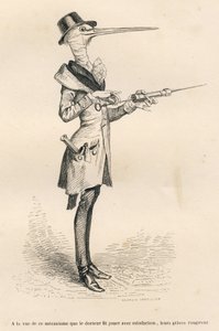 Stork som läkare som hanterar ett lavemang. Miniatyrer illustrerade av JJ Granville. Gravyr signerad Andrew, Best och Leloir i delen med titeln "Court pains of an English cat" skriven av Honore de Balzac i "Scenes de la vie privee et publique des