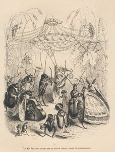 Konsert av insekter på en bal. Miniatyrer illustrerade av JJ Granville. Gravyr signerad Godard i delen med titeln "En fjärils äventyr" skriven av PJ Stahl i "Scener från djurens privata och offentliga liv". Paris, J. Hetzel och Paulin av Grandville