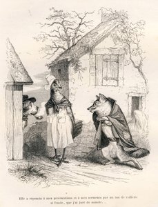Samtal mellan en hund, en höna och en räv. Vignetter illustrerade av JJ Granville. Gravyr signerad Godard i delen "Un renard pris au piege" skriven av Charles Nodier i "Scenes de la vie privee et publique des animaux". Paris, J. H. av Grandville