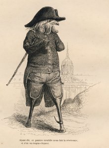 Tupp ogiltig framför hotel des invalides i Paris. Miniatyrer illustrerade av JJ Granville. Gravyr signerad Andrew, Best och Leloir i delen med titeln "De medicinska djuren" skriven av Pierre Bernard i "Scener från djurens privata och offentliga liv". av Grandville