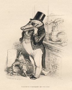 Krododil klär sig som en dandy med stor mage. Miniatyrer illustrerade av JJ Granville. Gravyr signerad Breviere i delen med titeln "Minnen från en krokodil" skriven av Emile de La Bedolliere i "Scener från djurens privata och offentliga liv". Paris,