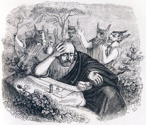 Demokrit (460-370 f.Kr.). och abderitanerna. (Brev från Hippokrates) - Fabler av La Fontaine av Grandville