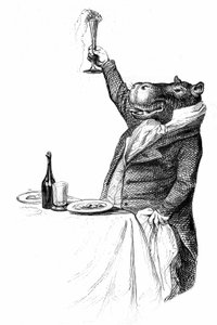 Detalj av en gravyr av Grandville, hämtad ur boken Private and Public Life of Animals (Les animaux ints par eux memes), edition Hetzel 1867 - Flodhästen världsvan vid ett bord höjer sitt glas och utbringar en skål.