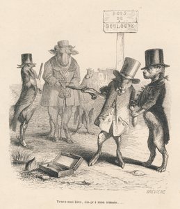 Duell i Bois de Boulogne. Miniatyrer illustrerade av JJ Granville. Gravyr signerad Breviere i delen "Berättelsen om en hare" skriven av PJ Stahl i "Scener ur djurens privata och offentliga liv". Paris, J. Hetzel och Paulin av Grandville