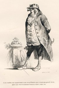 Faucon förstört av revolutioner. Miniatyrer illustrerade av JJ Granville. Gravyr signerad Breviere i delen med titeln "Minnen av en gammal kråka" skriven av PJ Stahl i "Scener från djurens privata och offentliga liv". Paris, J. Hetzel och Pauli