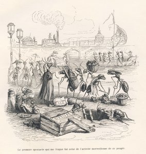 Myror i full aktivitet vid Seines strand. Miniatyrer illustrerade av JJ Granville. Gravyr signerad Porret i delen med titeln "En sparvs resa från Paris" skriven av George Sand i "Scener från djurens privata och offentliga liv". Paris, av Grandville