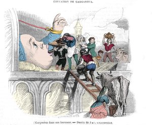 Gargantua karaktär av romanerna av Francois Rabelais (1483-1553), fransk författare: "" Utbildningen av Gargantua""" Gargantua i sin vagga. Illustration av Gerard Grandville (1803-1847) 1800-talet av Grandville