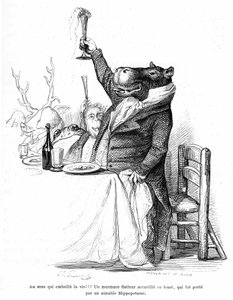Grandville gravyr, ur boken Private and Public Life of Animals (Les animaux ints par eux memes), edition Hetzel 1867 - Flodhäst världsvan vid ett bord på en bankett, höjer sitt glas och utbringar en skål. Legend: Sex som förskönar livet!