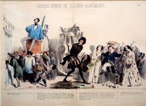 Ett fantastiskt lopp till det akademiska klocktornet. Författarna Alfred de Vigny (1797-1863), Eugene Sue (1804-1857), Alexandre Dumas (1802-1870) och Honore de Balzac (1799-1850) uppmärksammas. Gravyr av Gerard Grandville (1803-1847) av Grandville