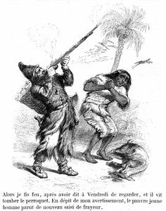 Illustration till romanen Robinson Crusoe av Daniel de Foe (DeFoe) av Grandville - edition Garnier 1869 s193. Robinson skjuter med ett gevär framför en frusen fredag.
