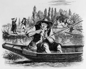 La Fontaines fabel (av Jean de La Fontaine) : Den lilla fisken och fiskaren, gravyr av J.J. Grandville, ca 1838-40