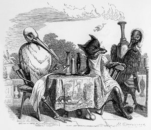 La Fontaines fabel (av Jean de La Fontaine): Räven och storken, gravyr av J.J. Grandville, ca 1838-40