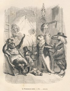 Sengångaren gäspade medan han väntade. Vinjetter illustrerade av JJ Granville. Gravyr signerad Godard i avsnittet "Les Animaux medecins" skrivet av Pierre Bernard i "Scener av djurens privata och offentliga liv". Paris, J. Hetzel och Paulin av Grandville
