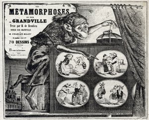 Litteratur. The Daily Metamorphosis, av karikatyrtecknaren Jean Jacques Grandville. Affisch, Frankrike av Grandville