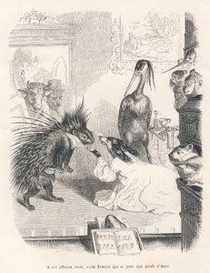 Opera med ett piggsvin, en hund och en häger på scenen. Vinjetter illustrerade av JJ Granville. Gravyr signerad Godard i delen med titeln "Den första pistolserien" skriven av Jules Janin i "Scener av djurens privata och offentliga liv". av Grandville